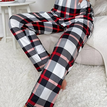 

Colorblock Plaid Pajama Bottoms Casual Comfy Elastic Waistband Long Pants Womens Loungewear & Sleepwear
