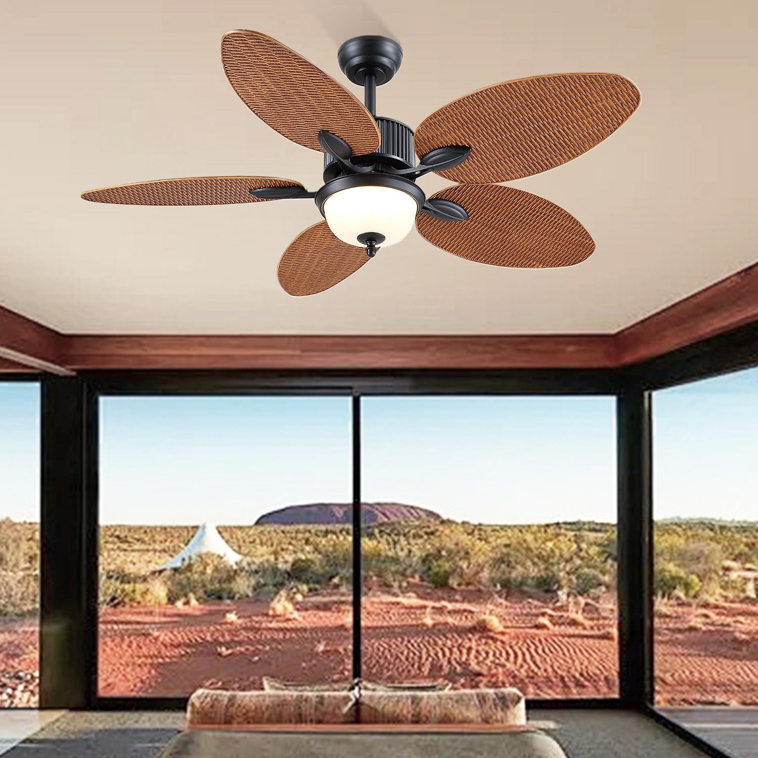 PHORUS 50" Tropical Ceiling Fan with Light and Remote/APP, Outdoor Waterproof Palm Leaf Ceiling Fan, 6 Speeds Quiet DC Motor, Wet Rated for Patio, Porch, Brown