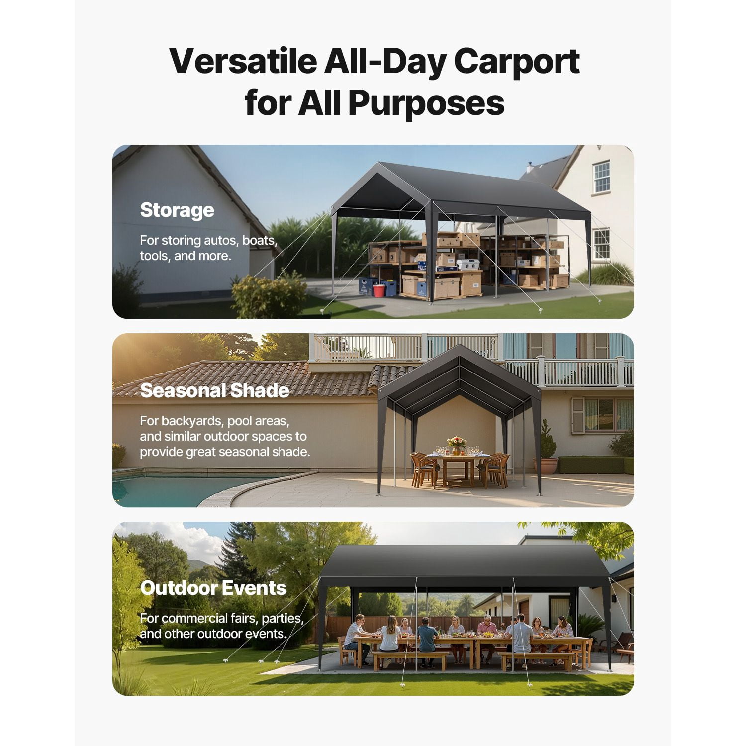 Heavy Duty 10 x 20 FT Portable Car Canopy, Grey Carport Garage Shelter Tent for Outdoor Parking