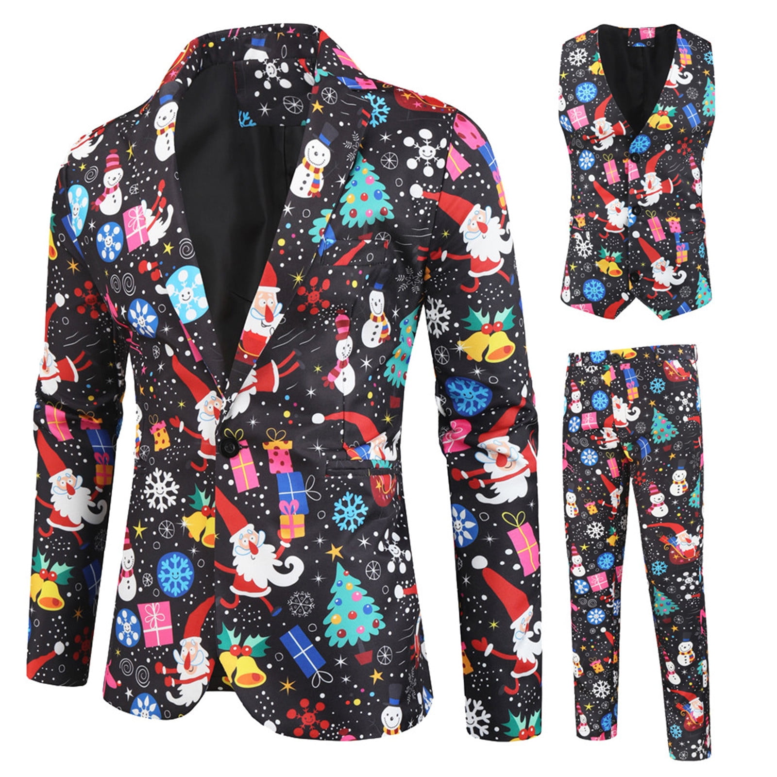 Jovati Christmas Suit Jacket Christmas Mens Fashion Suit Jacket Vest Suit Pants Three Piece Suit Black