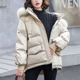 thumbnail image 5 of Jinhomg Trendy Winter Jacket for Women Plus Size Casual Faux Fur Trim Hooded Puffer Coat Warm Cozy Long Sleeve Double Closure Outerwear with Pockets Summer Saving Beige L, 5 of 10