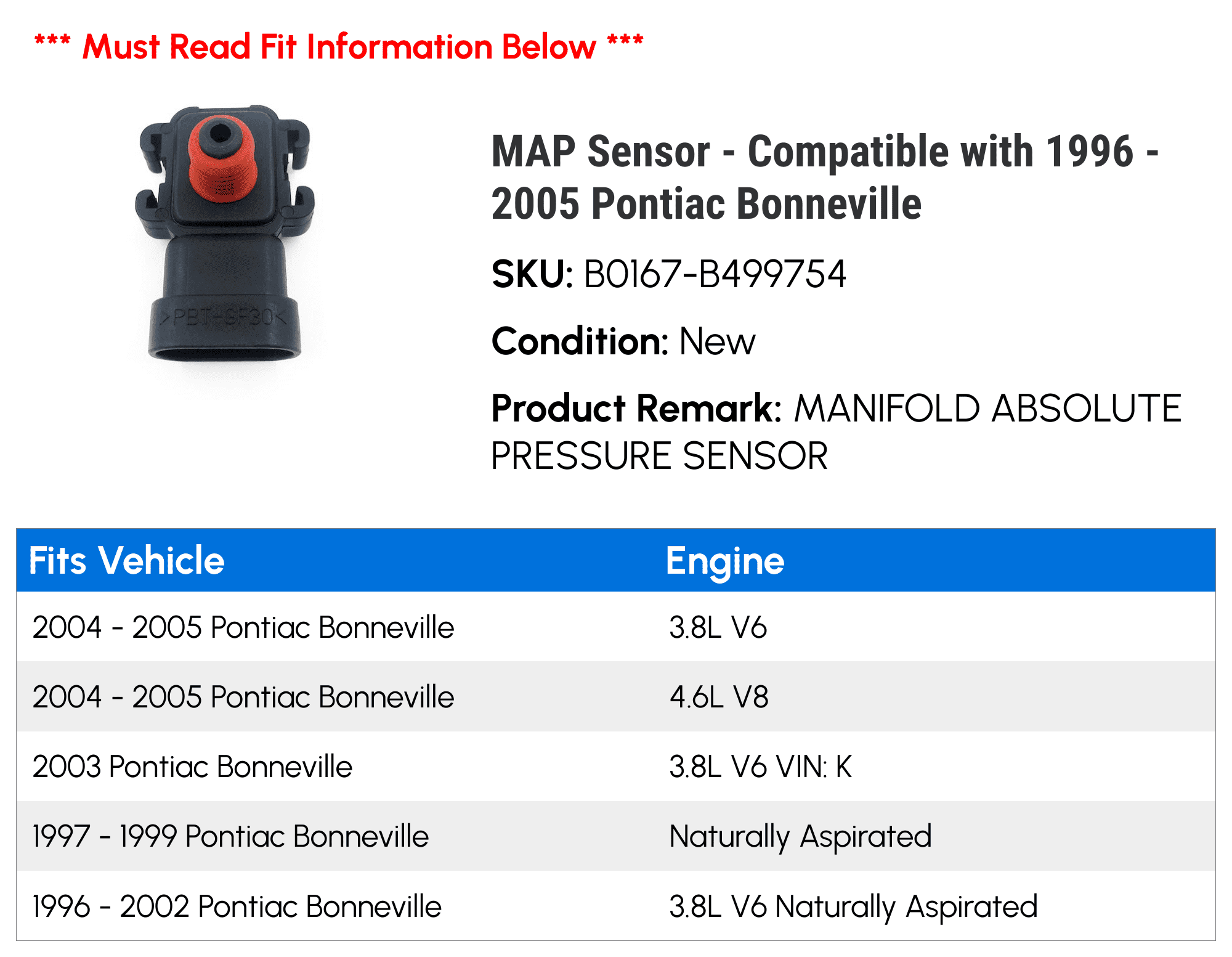 MAP Sensor - Compatible with 1996 - 2005 Pontiac Bonneville 1997 1998 1999 2000 2001 2002 2003 2004
