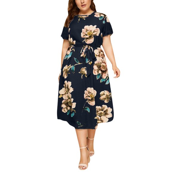asdoklhq Womens Plus Size Clearance Dresses,Women's Casual Plus Size O-Neck Short Sleeve Print Waist Strap Dress