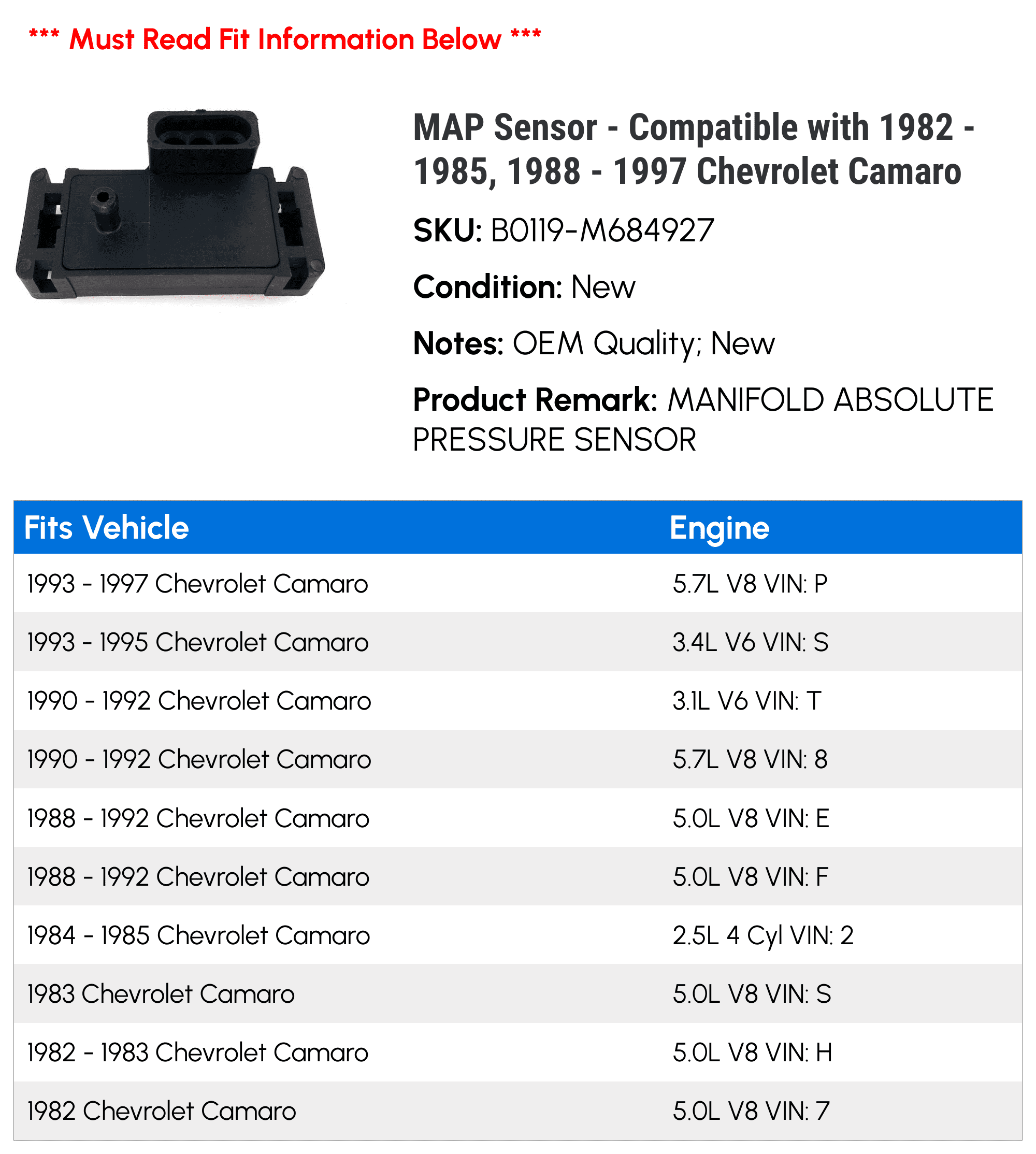 MAP Sensor - Compatible with 1982 - 1985, 1988 - 1997 Chevy Camaro 1983 1984 1989 1990 1991 1992 1993 1994 1995 1996