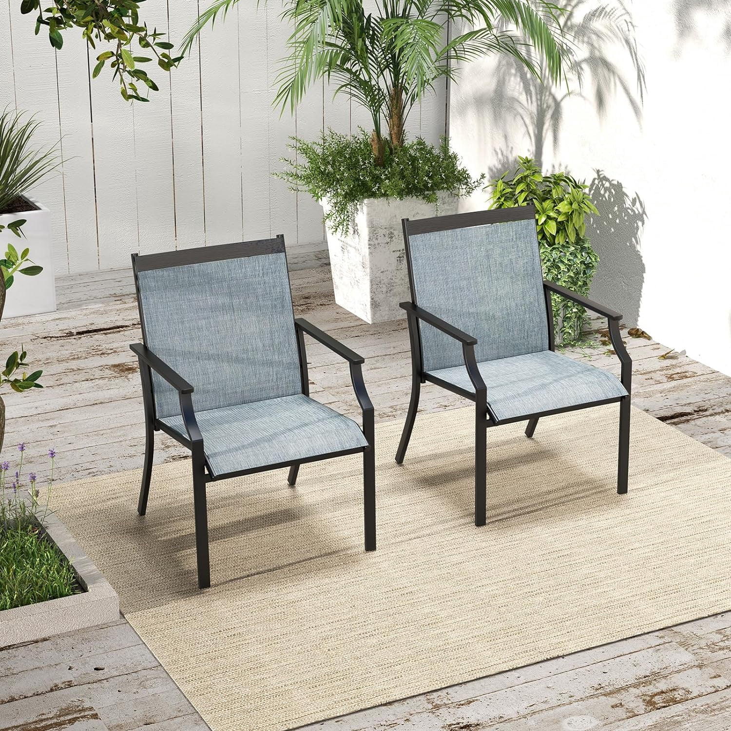 2PCS Outdoor Patio Dining Chairs w/ Armrests, Metal Frame, High Back, Blue