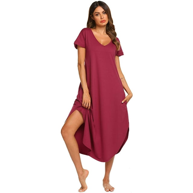 Camisón informal con cuello en V para mujer, camisón largo de manga corta S-XXL Adepaton CJWUS-3920