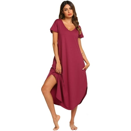 Women's Sleepwear Casual V Neck Nightshirts Short Sleeve Long Nightgown ...