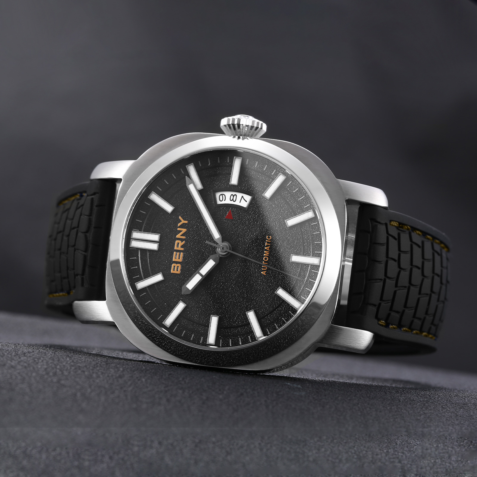 BERNY Automatic Watch for Men, Sport 10ATM Waterproof Mechanical Watch with Silicone Strap, Date Calendar, Super Luminous, Sapphire Glass, Fashion Men's Diver Wristwatch, Black