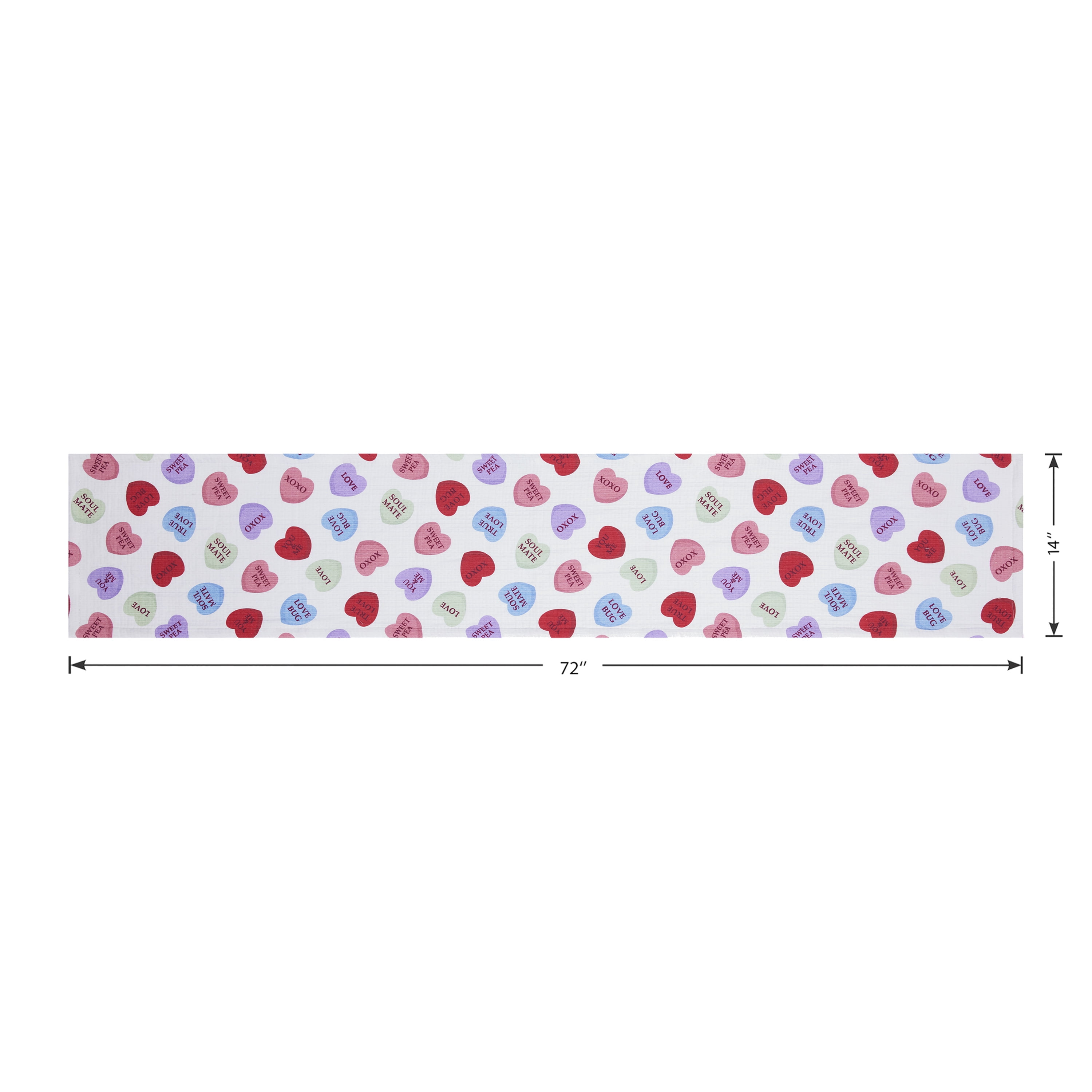 Conversation Hearts Table Runner - 14" x 72" - 100% Cotton, Multi-color