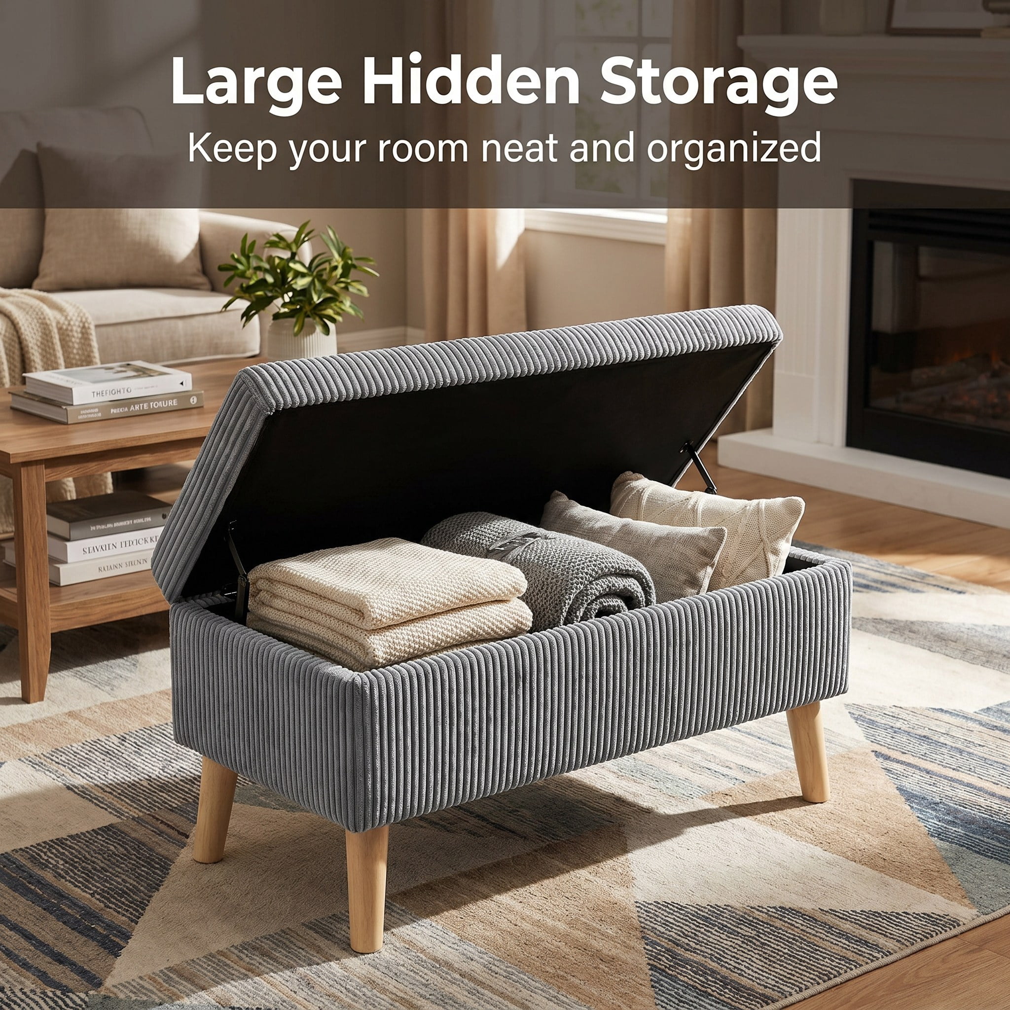 32 inch Wide Olive Grey Corduroy Storage Ottoman Bench with Wooden Legs, Flip-Top Storage Box, Soft Upholstered End of Bed Bench, Footrest & Shoe Bench for Bedroom, Living Room, Entryway