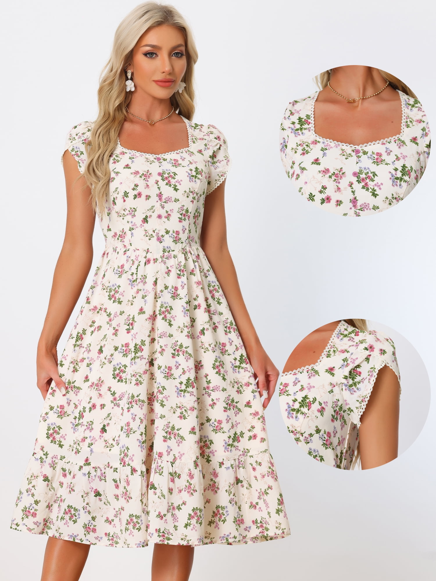 Unique Bargains Women's 2024 Summer V Neck Boho Floral Print Midi Long Dresses M Floral Pink Purple