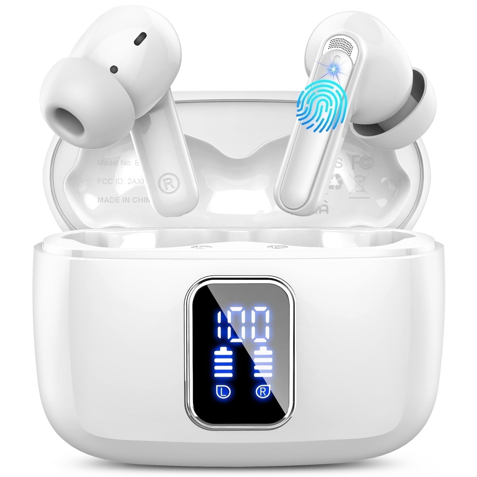 FAMOO Wireless Earbuds, Bluetooth Headphones, 60H Playtime Dual LED Display, Bluetooth 5.4 technology, IPX7 Waterproof, in Ear Earphone with Mic for iPhone Android Phone, White