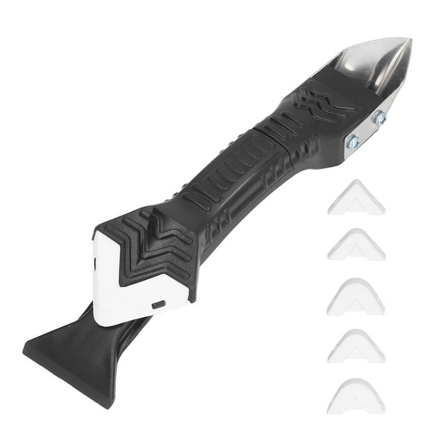 Ecomeon Silicone Caulking Tools Kit, featuring a 3-in-1 silicone trowel scraper with a black ergonomic handle and durable ABS material. Includes five white soft heads for versatile sealant application and removal. Designed for ease of use, wear resistance, and professional-quality results.
