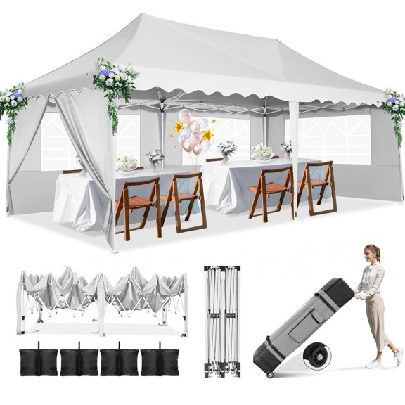 HOTEEL 10'x20' Pop up Canopy Tent,Outdoor Canopy with Wheeled Bag,for Parties,Wedding,Backyard,Camping,White