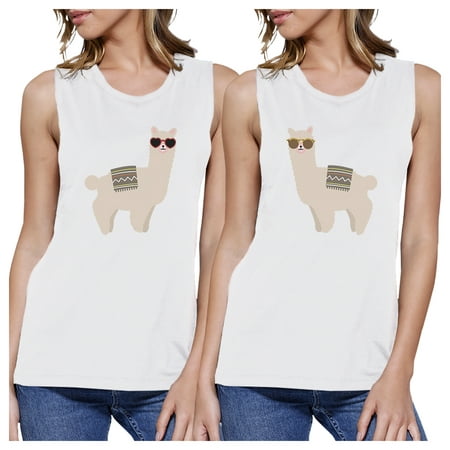 Llamas With Sunglasses White Cute Best Friend Matching Muscle Tops