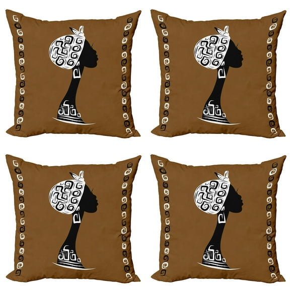 Ambesonne African Throw Pillow Cover 4 Pack, Woman in Culture Clothes, 18", Brown White Black