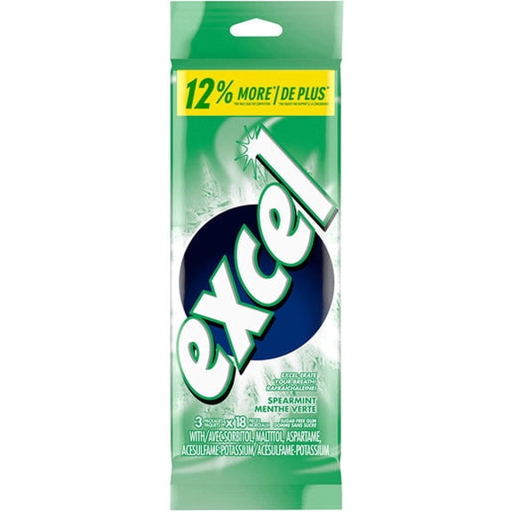 Excel Sugar Free Gum Spearmint, 3-Pack, 18 pieces each {Imported from Canada}