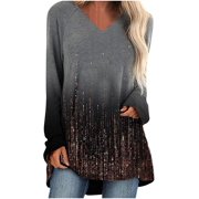 Women's Leisure Print Long Sleeve Round Neck Casual Loose Tops Plus Size Tunic Shirt
