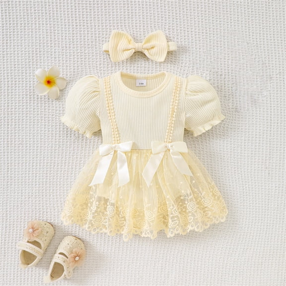 Baby Girl Lace Romper Dress Ribbed Knit Bodysuit with Puff Sleeves Yellow 0-3 Months