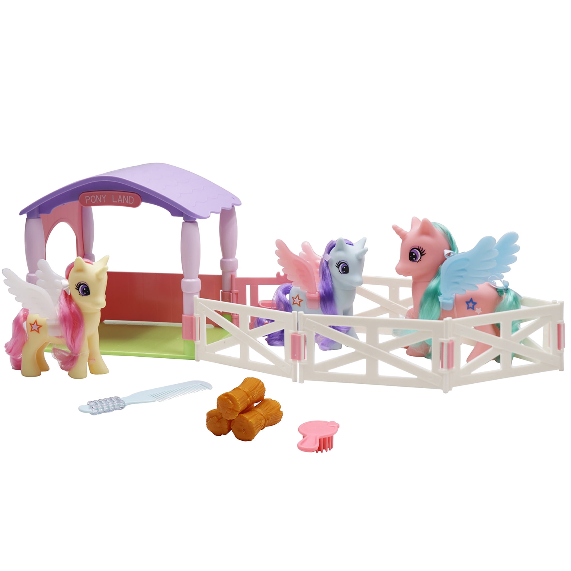 Wonder Unicorn: Pony Land - Unicorn Stable Playset - 3 Magical Figurines, Fenced Play Yard & Shelter, Feeding & Grooming Care Toy Accessories, Kids 3+