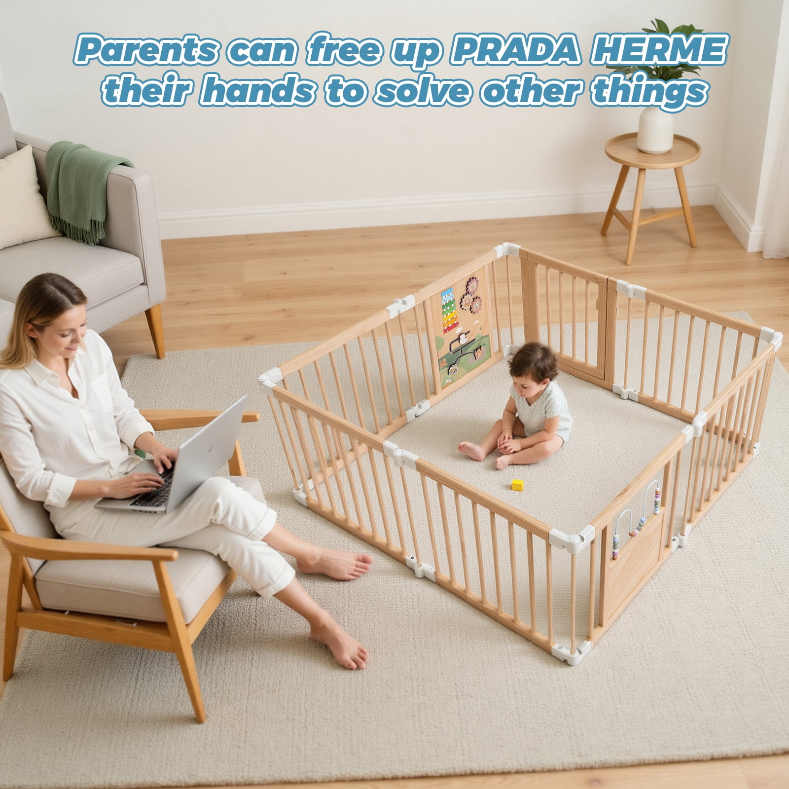 Wooden Baby Playpen with Mat, Activity Center with Gate and 2 Busy Board, Thickened Wood Adjustable Play Yard