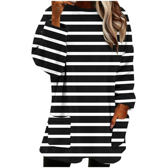 Women‘s Winter Warm Round Neck Side Pocket Printing Long Sleeved Thick Hood Top Outfits Fall Clothes Basic Winter Clothing