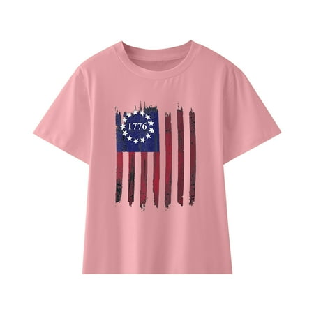 

Children Girls T-shirts Independence Day Flag Printed Short Sleeve Crew Neck 4th Of July Novelty Fashion Unisex Casual Top Dailywear Party Tshirts