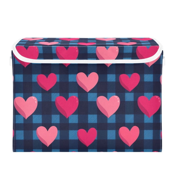 Blue Plaids Pink Hearts Valentine Foldable Storage Bins with Lids Handles Collapsible Storage Containers Tote Boxes 16.5 x 12.6 x 11.8 inches