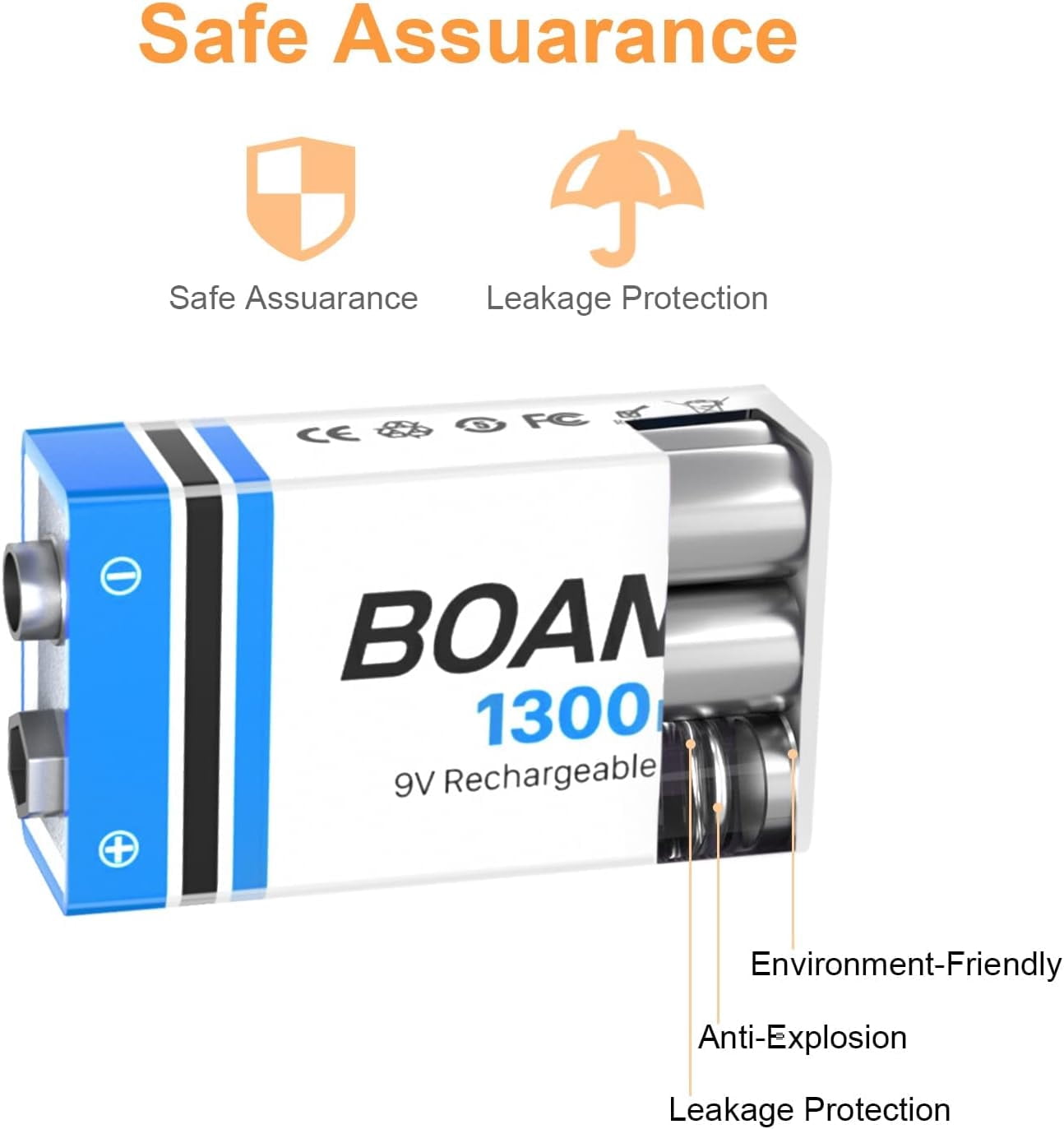 4PCS 1300mAh 9V Rechargeable Batteries, USB Lithium Long Lasting Battery, with 2 in 1 Charging Cable, for Smoke Detectors, Alarms, Keypad, Microphone