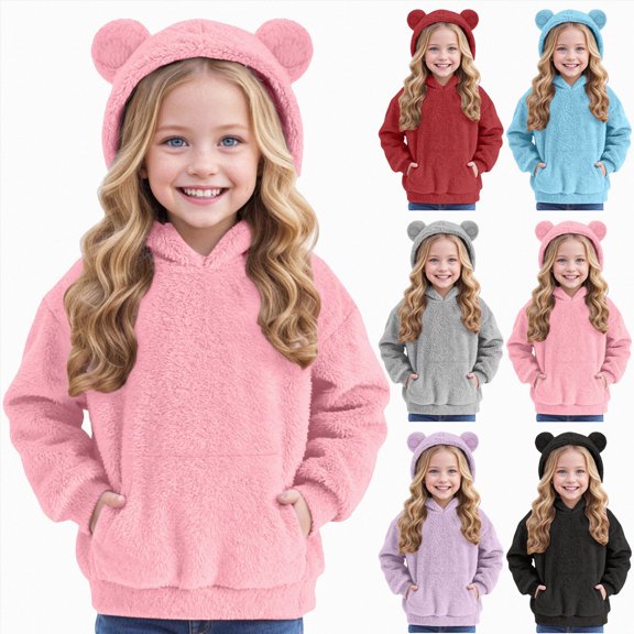 Xudanell Girls Fuzzy Fleece Pullover Hoodies Sweatshirt Casual Loose Outwear Coat with Pockets 4-15 Years Grey,Size 6-7 Years