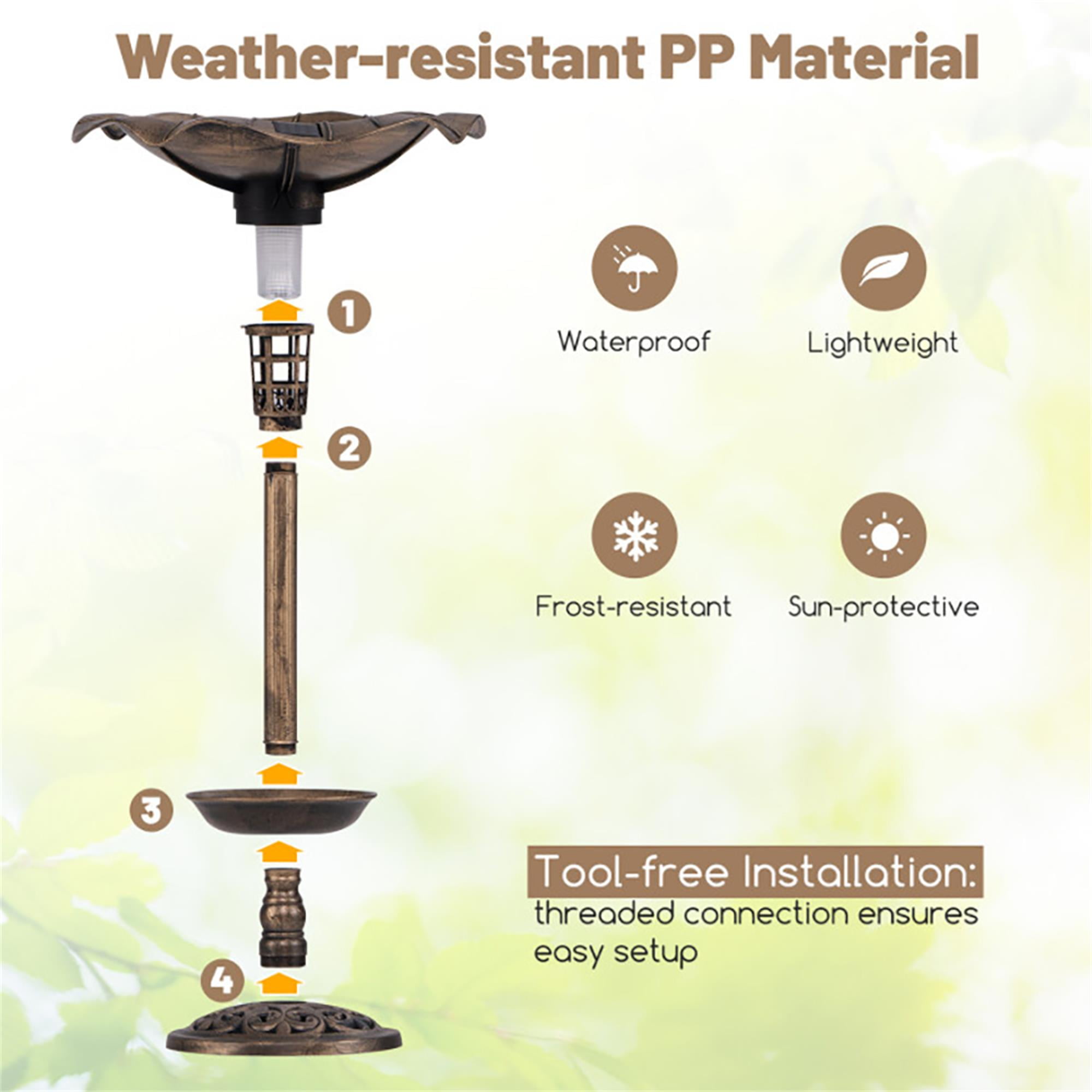 resenkos 30" Outdoor Garden Bird Bath with Solar Light, Weather Resistant Pedestal, Backyard Bird Feeder and Flower Planter, Brown