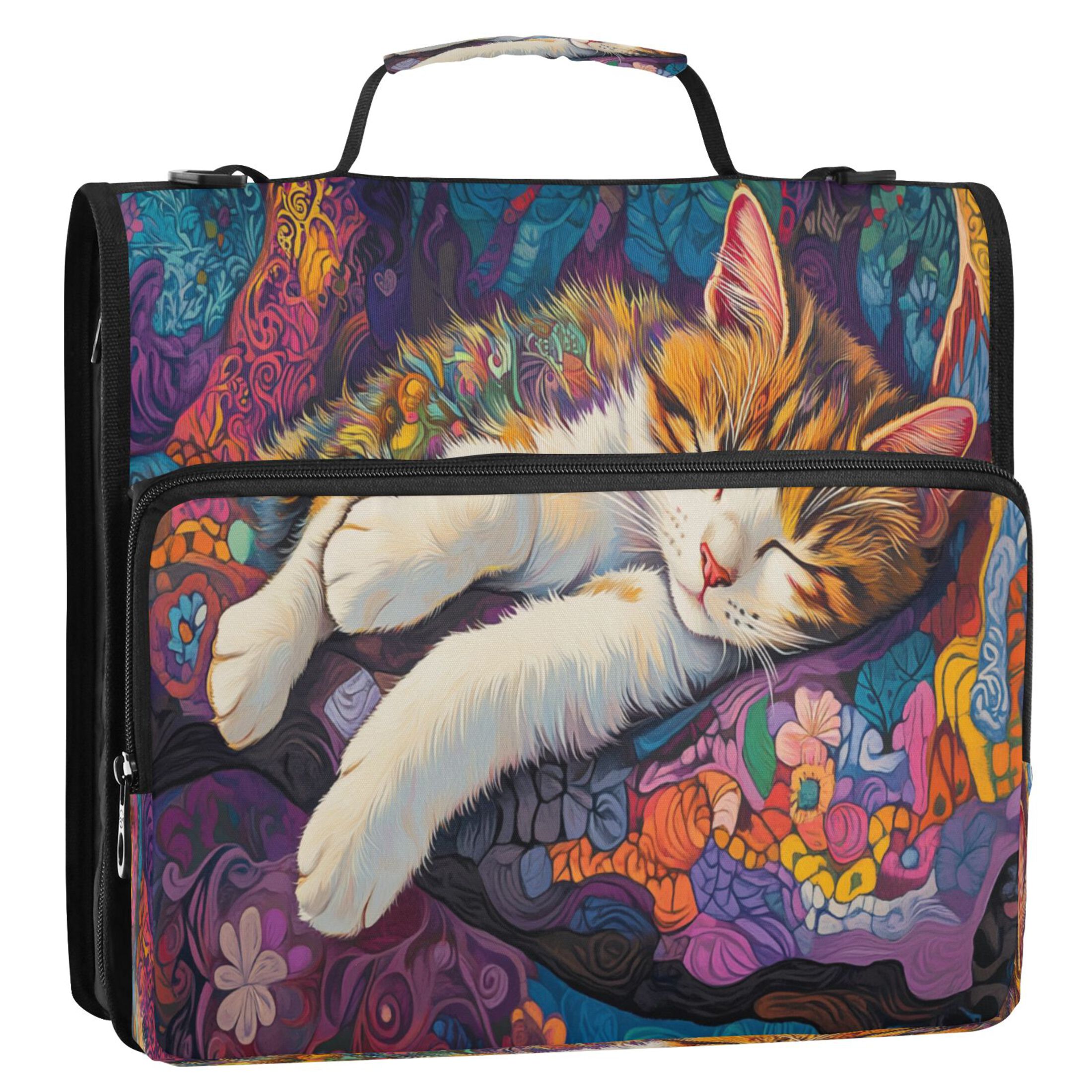 YAZAOO Zipper Binder trapper keeper Documents Organized Design Artistic Cat with Moon Printed