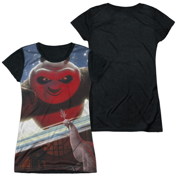 Kung Fu Panda - Epic Jumping - Juniors Teen Girls Black Back Sleeve Shirt - X-Large