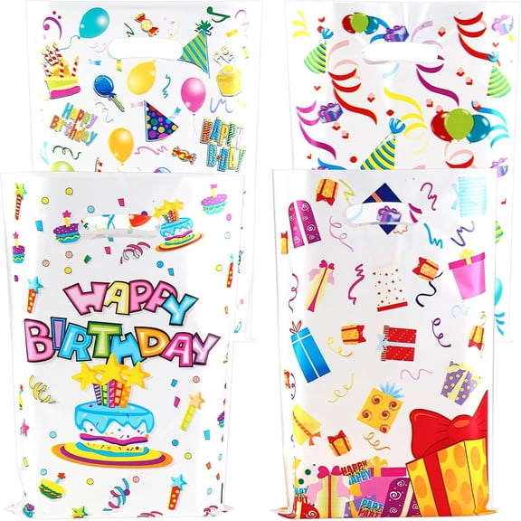 40 count Happy Birthday Goodie Bags with Handles(6.5x9.8 Inch) Plastic  Bags for Candy Goodie  Snack Cookie Wrap Party Favors Supplies Decorations Baggies Pouch Boys Girls Birthday Table Decor