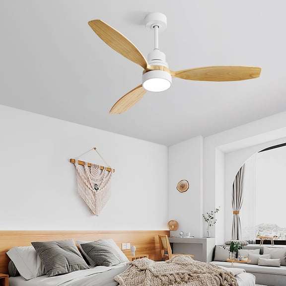 JESTOP 52 Inch Wood Ceiling Fans with Lights and Remote, Upgraded Dimmable, Quiet Reversible DC Motor, 3 Blades White Ceiling Fan for Farmhouse Living Room Bedroom Dining Room Workroom Study