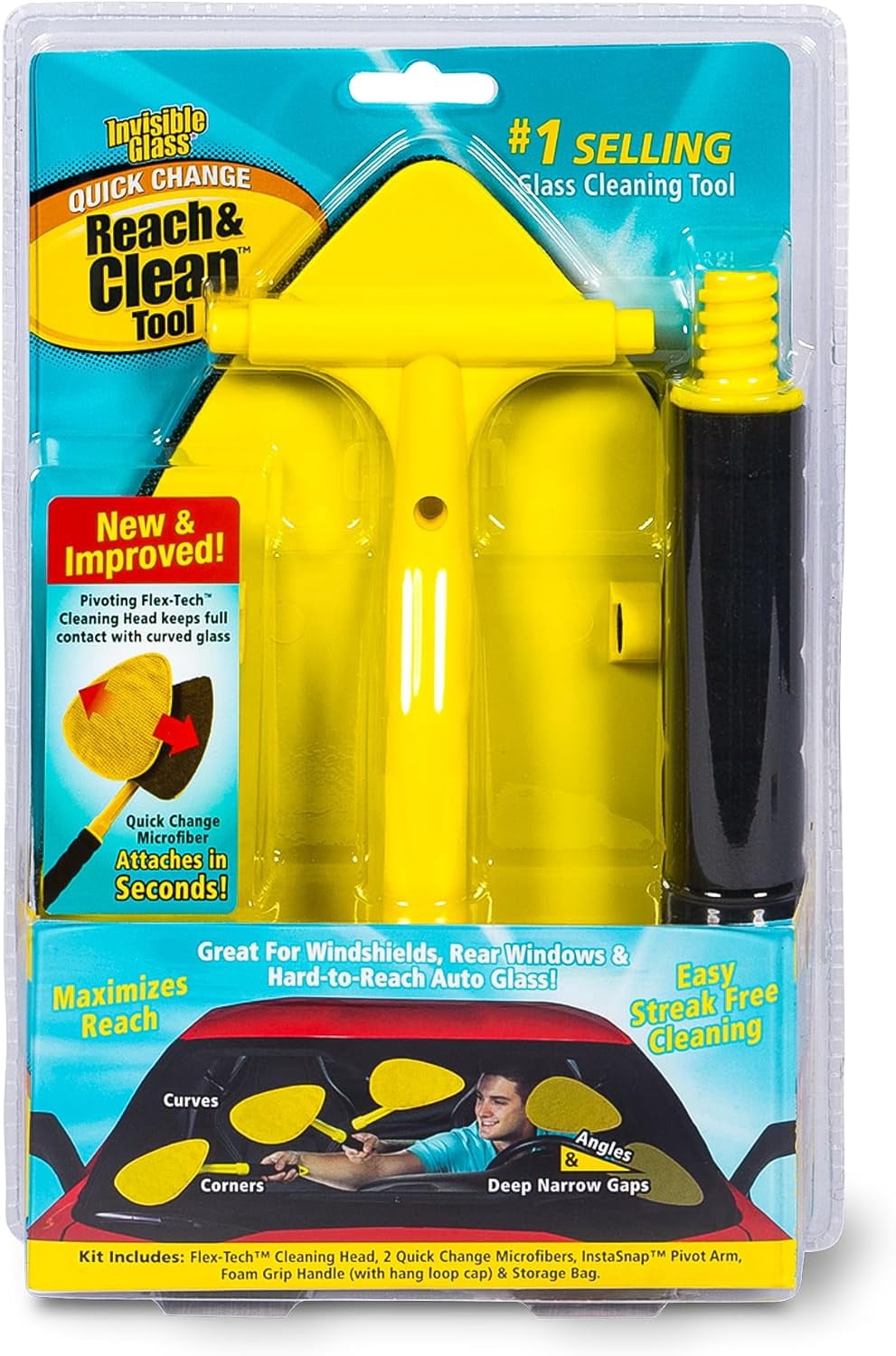 Invisible Glass 95160 Reach & Clean Glass Windshield Cleaner Tool Kit With Extendable Handle, 2 Reusable Quick Change Microfibers, and Storage Bag for Auto Windshield, Trucks, SUVs, RVs, and Windows
