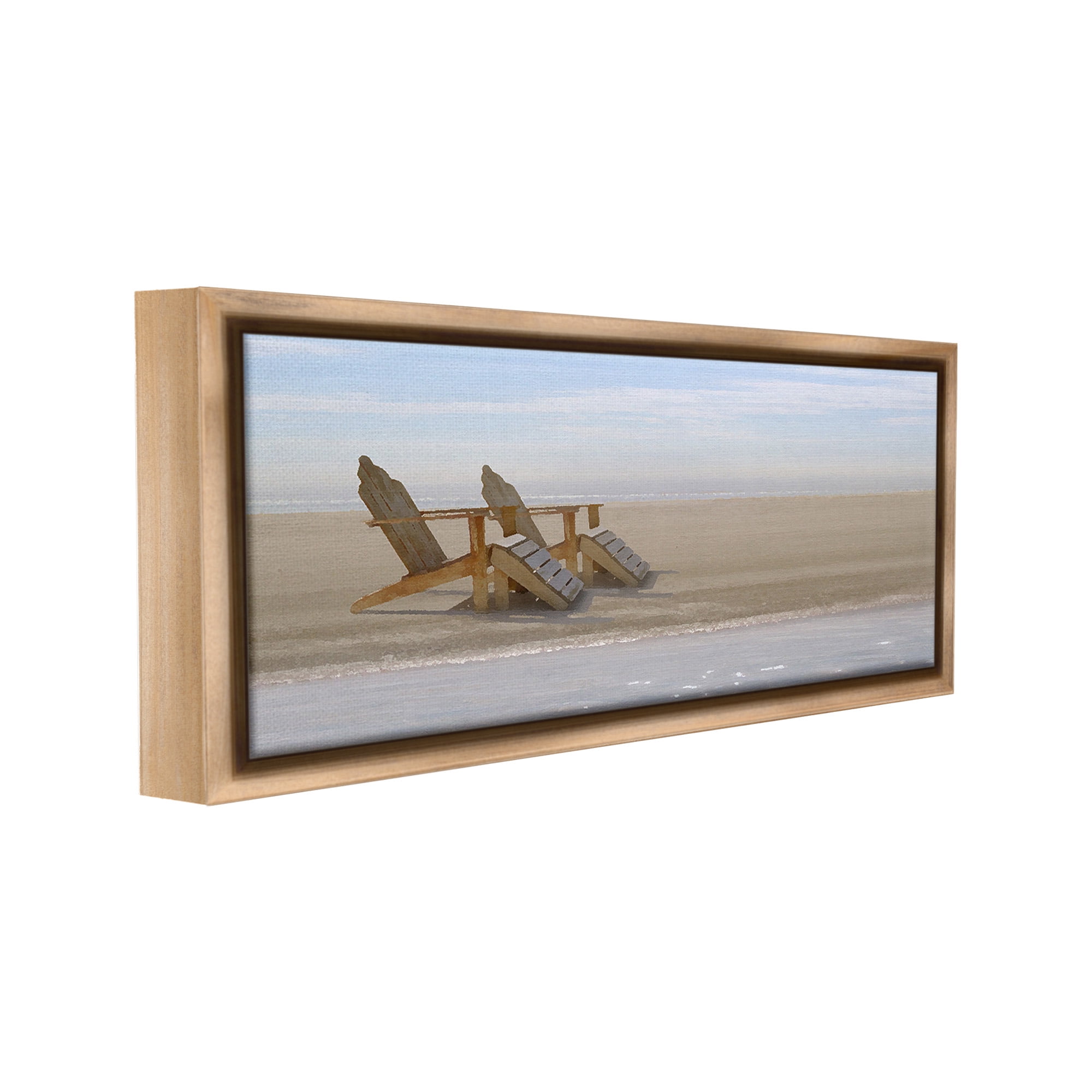 Stupell Industries Beach Chairs by Shore Landscape Photography Brown Floater Framed Canvas Art Print Wall Art, 31 x 14