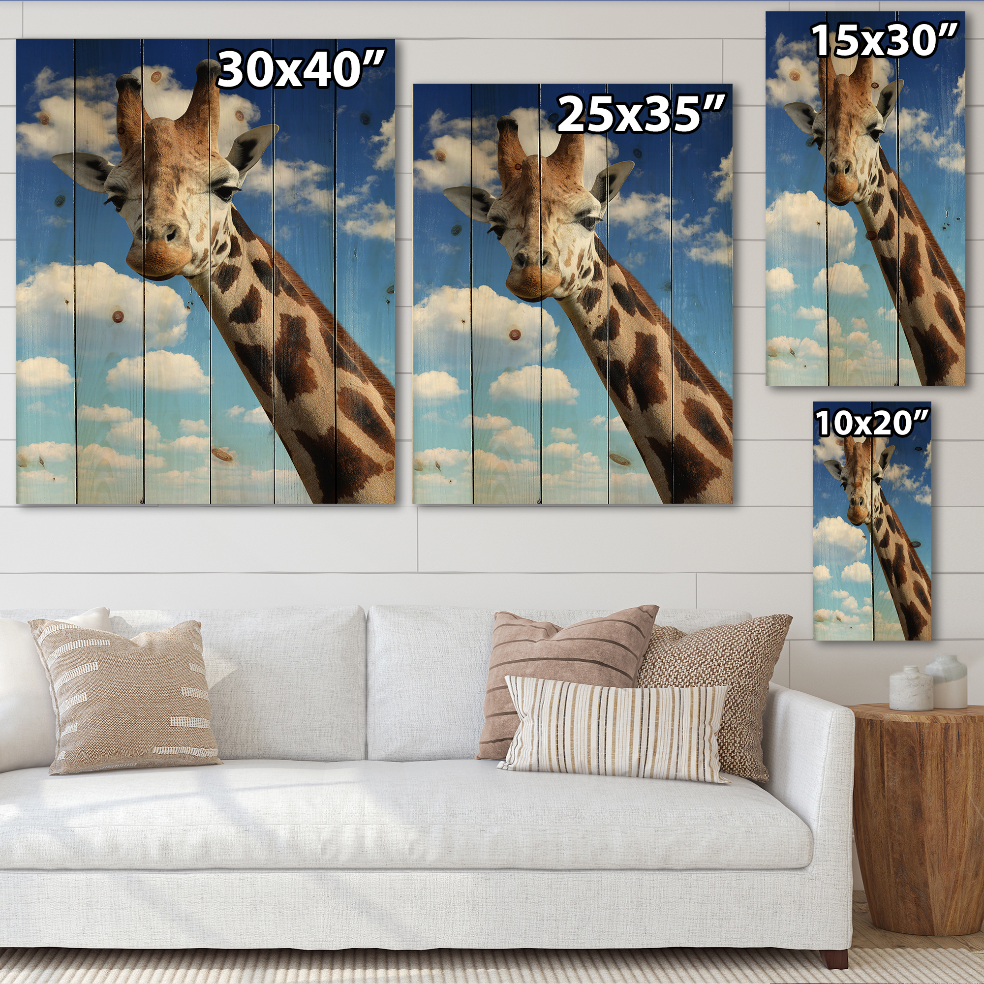 Designart 'A Giraffe On A Blue Sky Portrait' Farmhouse Print on Natural Pine Wood