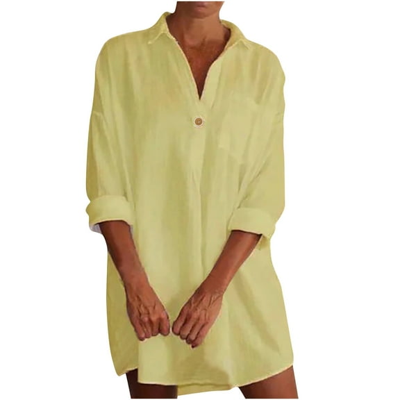 TIHLMK Women Shirts and Blouses Women's V-Neck Solid Color Shirts Mid-Length Tops Long-Sleeve V-Neck Tops/Shirts Gifts for Women