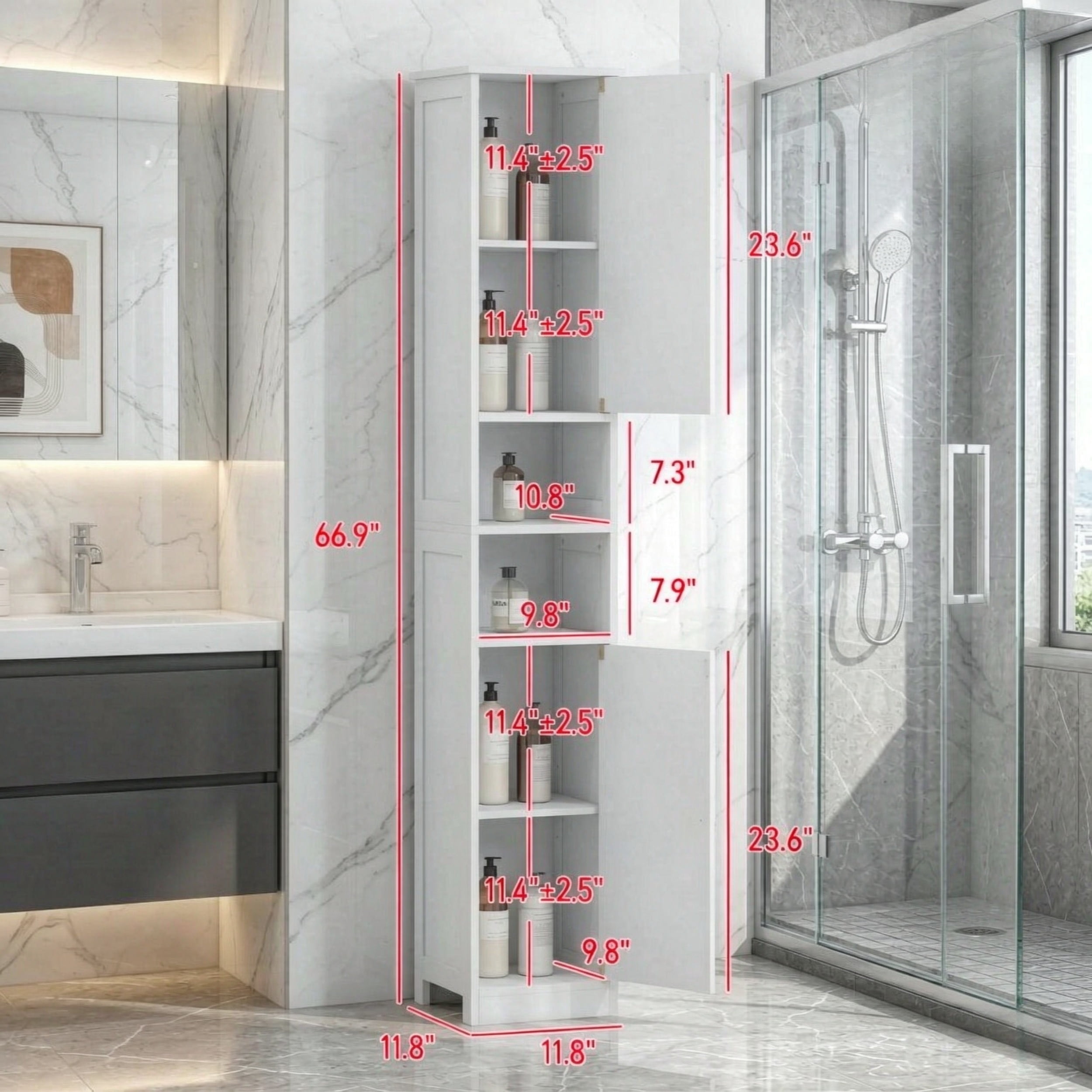 Bathroom Organizer with Enclosed & Open Compartments,Tall Bathroom Storage Cabinet,Slim Floor-Standing Bathroom Cabinet