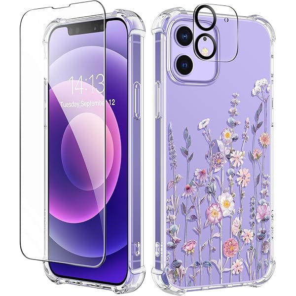 wonima44 for iPhone 12 Case and iPhone 12 Pro Case with Screen Protector + Camera Lens Protector, Clear Flexible TPU Shockproof Cover Women Girls Flower Pattern Phone Case 6.1 (Floratopia/Colorful)