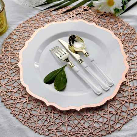 

Efavormart 10 Pack - 10 White Plastic Ornate Dinner Plates With Hot Stamp Scalloped Rim - Rose Gold - Blush for Wedding Outdoor Receptions Banquets Holiday Dining