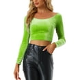 thumbnail image 1 of INSPIRE CHIC Women's Velvet Long Sleeve Off Shoulder Solid Crop Tops L Light Green, 1 of 6