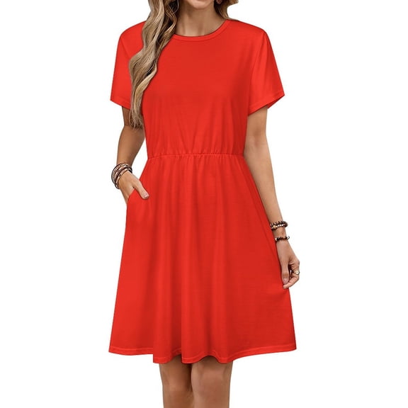 Pure Red Sundress Short Sleeve Dress Summer Women Clothes Dress for Women Dresses
