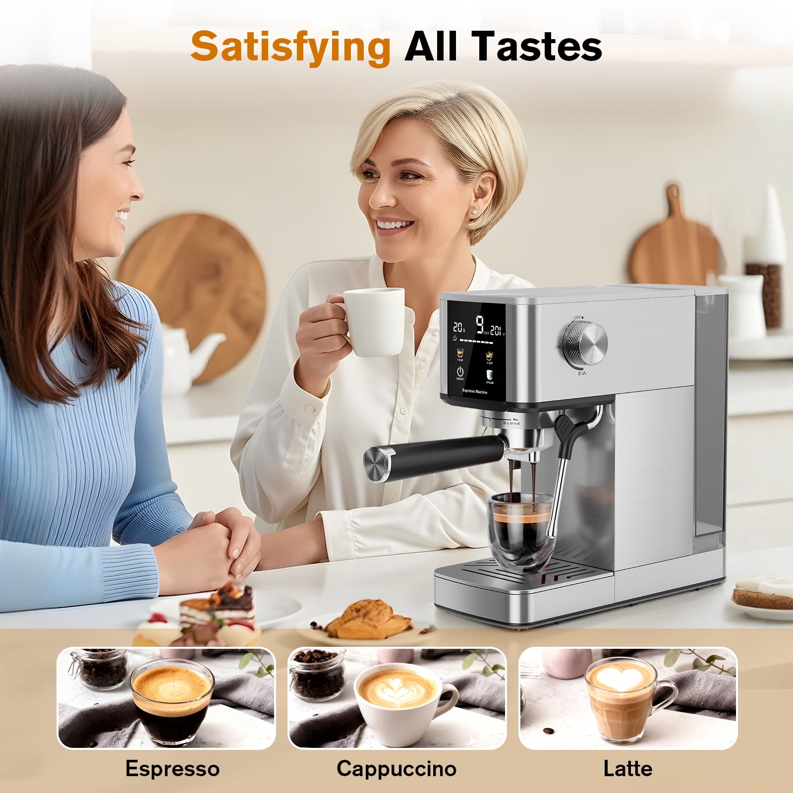 Auseo 20 Bar Espresso Machine with Milk Frother Steam Wand &Color Touchscreen ,1.4L Removable Water Tank， Professional Coffee Maker for Latte & Cappuccino