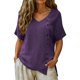 thumbnail image 2 of Craaazy Women's Lightweight Relaxed Fit V Neck Blouse, Solid Color Short Sleeve Cotton Linen Top, Comfy Asymmetric Hem Button Accent Tee for Work & Weekend Gifts, 2 of 9