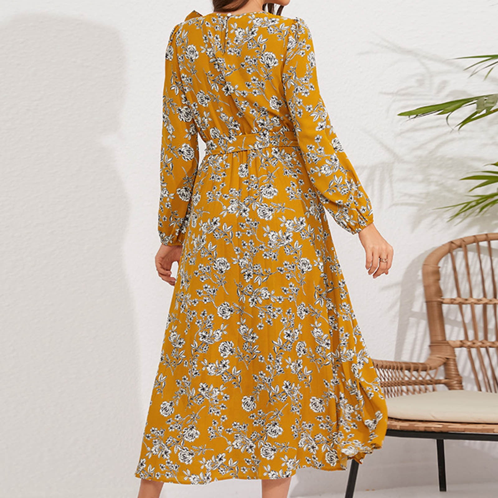 safuny Women's Plus Size Tea Length Evening Dress Floral Lace Splicing Solid Long Sleeve Autumn Dresses Trendy Crew Neck Winter Elegant Formal Cocktail Wedding Holiday Yellow L