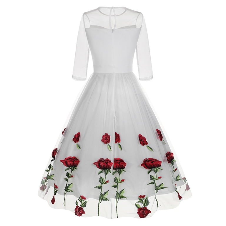white dress with red roses Prom Gown White Lace Prom Dress With 3D Rose Appliques, Deep V Neck Made with high sewing and fine finish.Includes only the dress.Your princess will be able to wear them at childrens parties or any other occasions.Size from 6 months to 10 years Kait Rose Embroidered Lace Dress