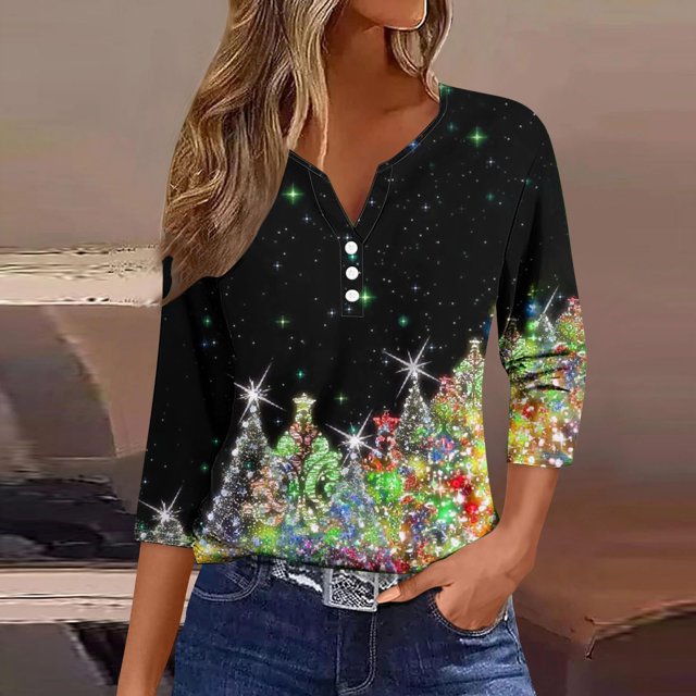 Puntoco Camiseta informal con cuello en V y botones con estampado navideño de moda para mujer, blusa holgada de manga 3/4