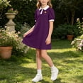 thumbnail image 6 of Girls Back To School Uniform Dress Lapel Puff Short Sleeve Cute Print Dresses Casual Loose Trendy Summer Wear (1 Years, Purple), 6 of 7